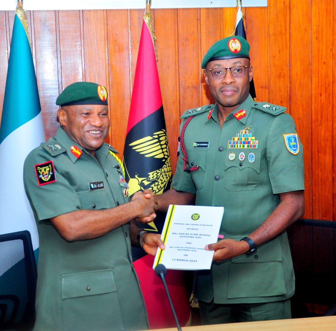 46th General Officer Commanding (GOC), 2 Division, NA, Major General Obinna Onubogu and his predecessor, Major General Bamidele Alabi