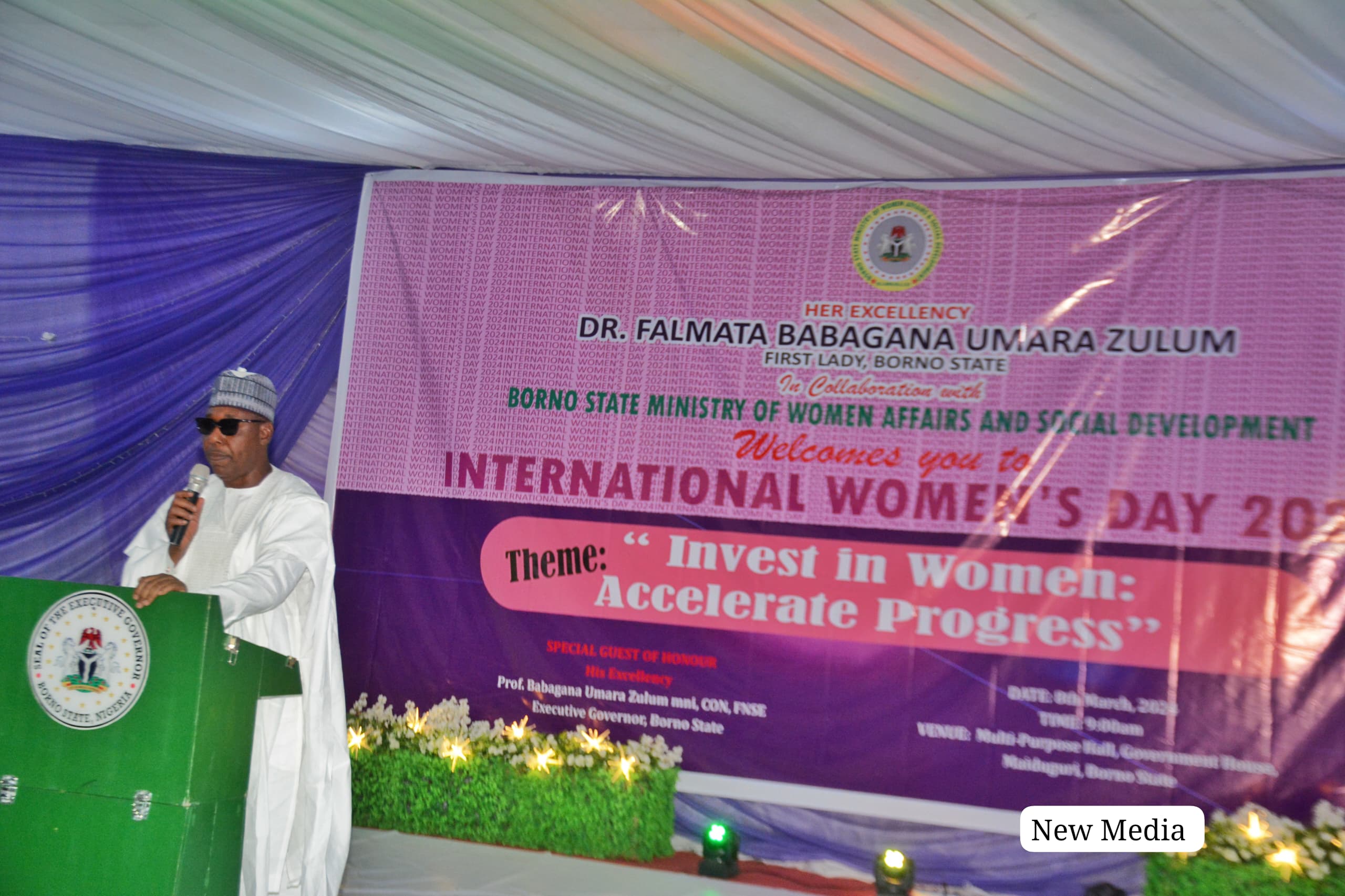 IWD: Borno first lady distributes N150m, food items to vulnerable families 4 Borno State Governor, Babagana Zulum giving his remarks during the event to mark International Women's Day