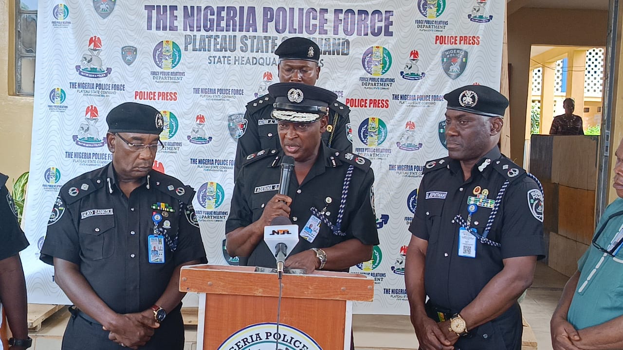 Plateau State Commissioner of Police, CP Emmanuel Adesina, addressing newsmen at the Command's Headquarters in Jos