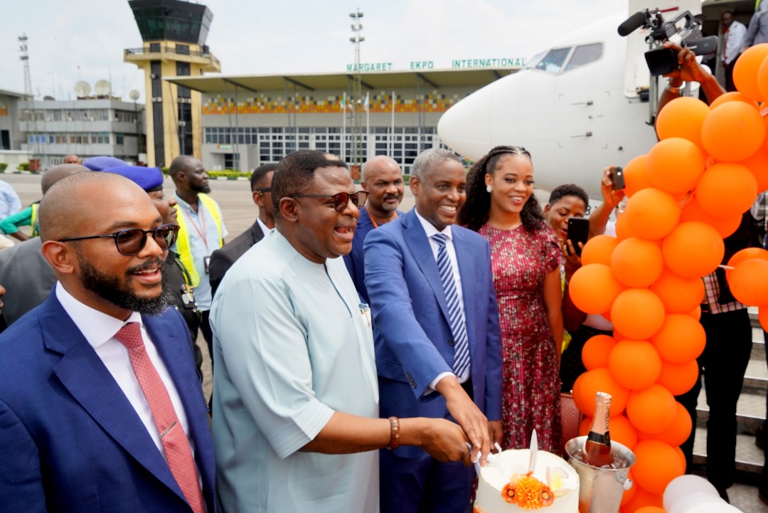Cross River State Governor, Bassey Otu during the inauguration of a Boeing 737 – 5N BYR Plane into the state-owned airline in Calabar