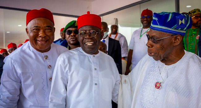 L-R: Governor Hope Uzodimma, President Bola Tinubu and ex-President Olusegun Obasanjo in Owerri, Imo State, on Monday, January 15, 2024