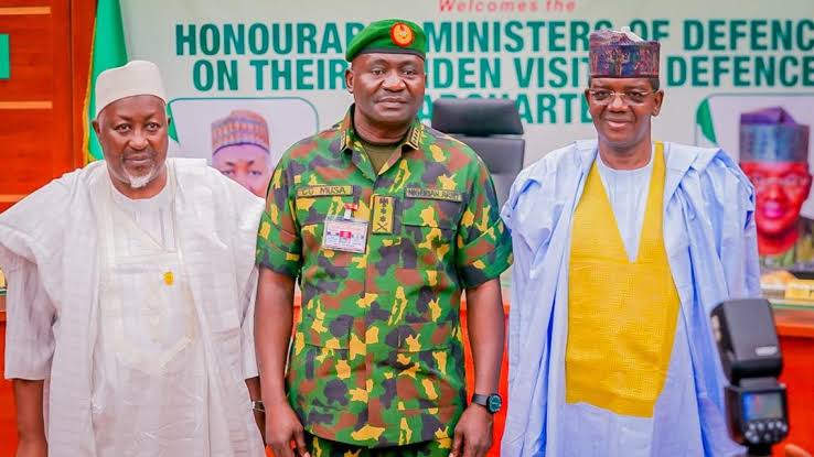 Minister of Defence, Alhaji Mohammed Badaru, Chief of Defense Staff, CDS Christopher Musa and the Minister of State for Defence, Dr Bello Matawalle
