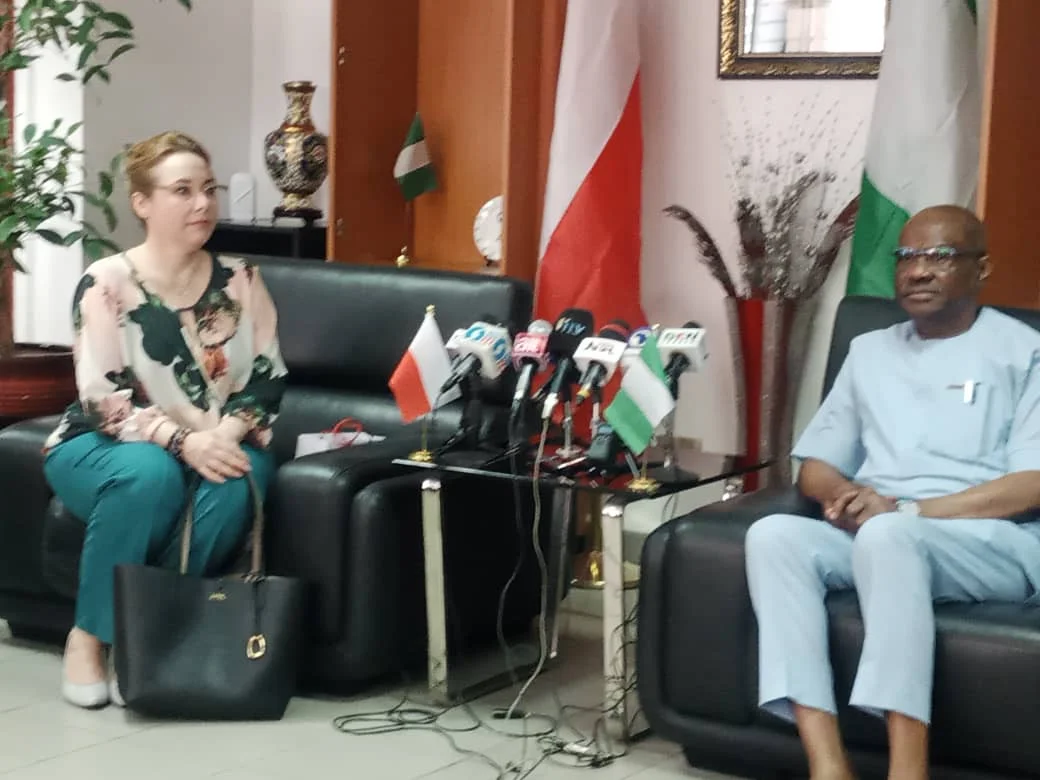FCT Minister, Nyesom Wike and the Ambassador of Poland to Nigeria, Mrs Joanna Tarnawska, during a courtesy visit in Abuja on Tuesday.