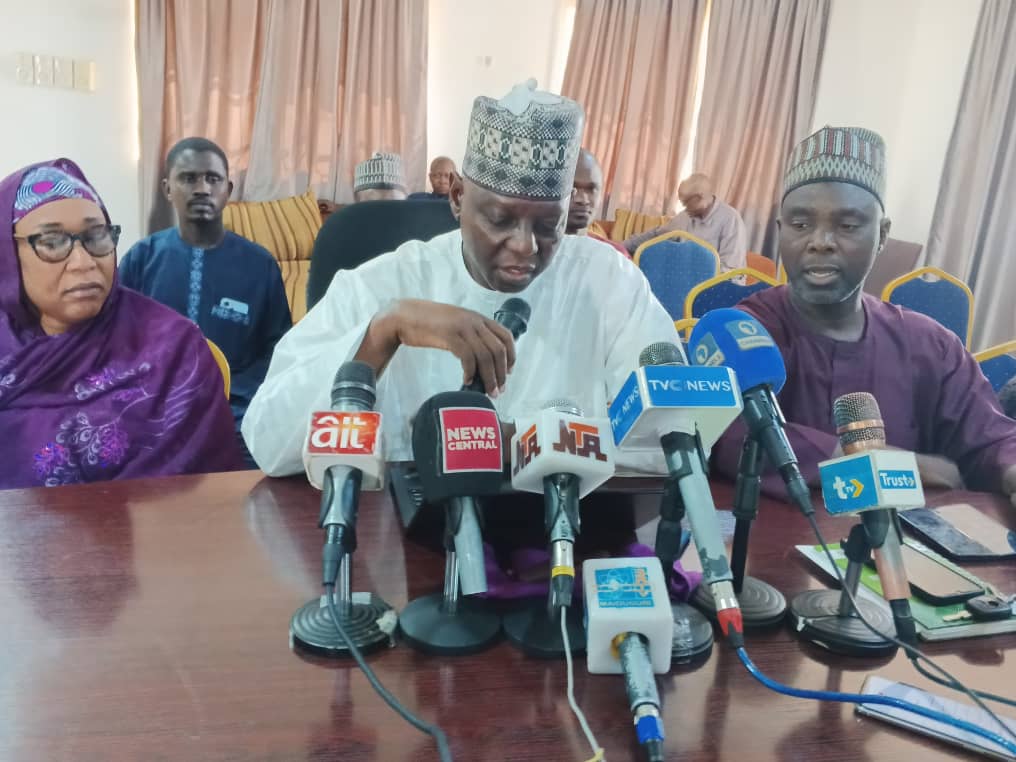Borno State Chairman, Network of Civil Society Organizations (NECSOB), Ambassador Bulama Abiso, addressing newsmen at the NUJ Press Center, Maiduguri.