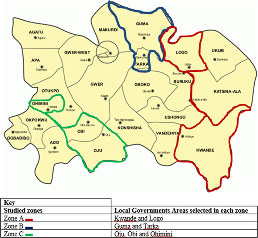 Power sharing in Benue State: Use equity not blackmail, By SIMON SHANGO 1 The map of Benue State and the 23 Local Government Areas showing local governments and