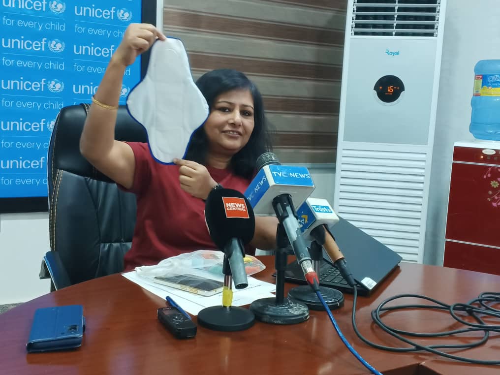 UNICEF WASH Manager, Borno State, Mamita Bora Thakkar, displaying a menstrual kit during a media parley with journalists in Maiduguri.