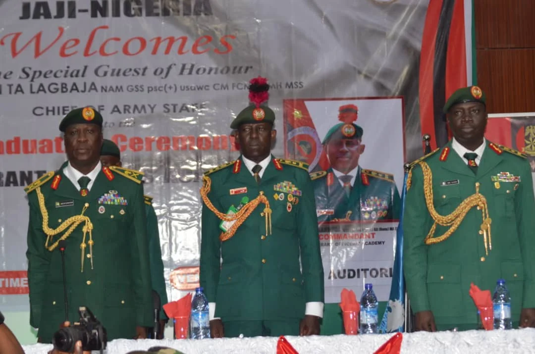 Be creative in tackling security challenges – COAS tasks soldiers 1 From the left Maj.-Gen. Mayirenso Saraso, GOC 1 Division, middle the Commandant, Warrant Officer Academy, Brig.-Gen. Auwal Mahmuda at the academy’s graduation on Friday in Kaduna