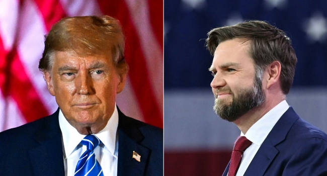 (COMBO) This combination of pictures created on July 15, 2024 shows Former US President and 2024 presidential hopeful Donald Trump in Palm Beach, Florida, on March 5, 2024 and US Senator JD Vance, Republican of Ohio, in National Harbor, Maryland, on February 23, 2024.