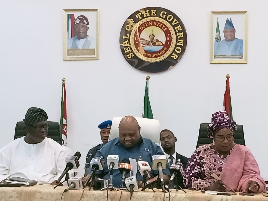 Gov. Ademola Adeleke and the NSE National President, Mrs Margret Oguntala, during the visit on Friday