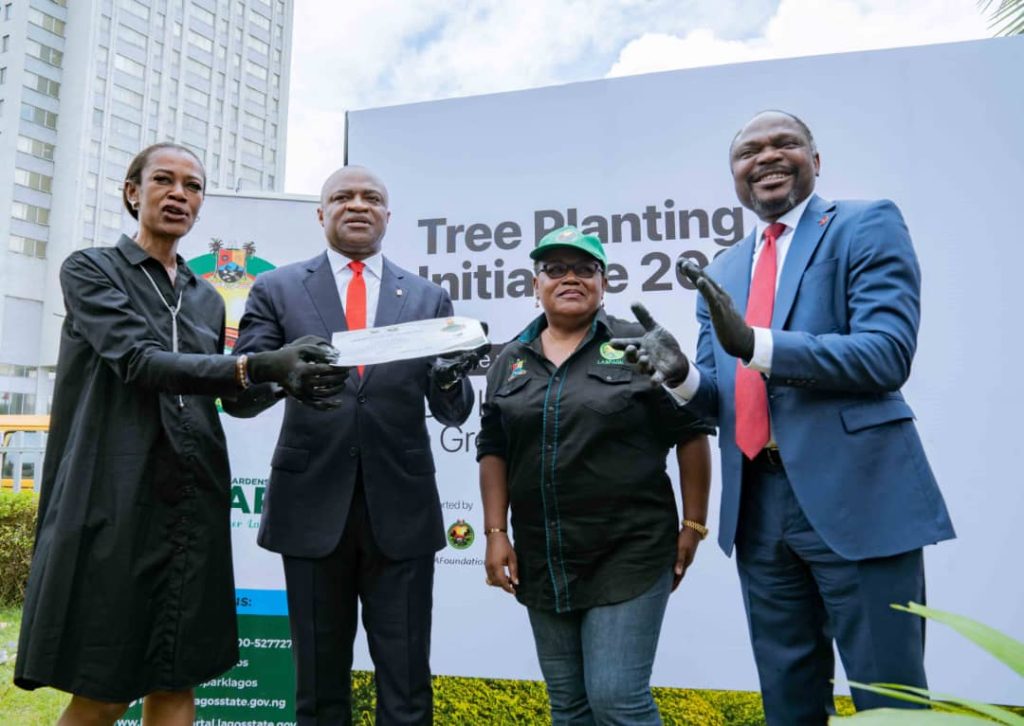 L-R: MD/CEO, UBA Foundation, Bola Atta; Group Managing Director/CEO, United Bank for Africa,  Oliver Alawuba; Head, Tree Planting and Maintenance, Funto Aina and Deputy Managing Director, UBA, Muyiwa Akinyemi at the UBA Foundation’s Tree Planting Initiative, where the Bank plans to plant 2 million threes across Africa in 2024,   held at the UBA Foundation Garden in Marina, Lagos on Thursday