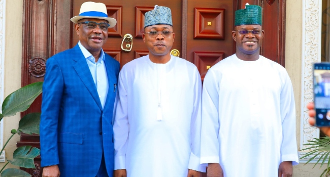 L-R: Nyesom Wike, Usman Ododo and Yahaya Bello in Abuja on Thursday, January 23, 2025. Credit: @OlayinkaLere