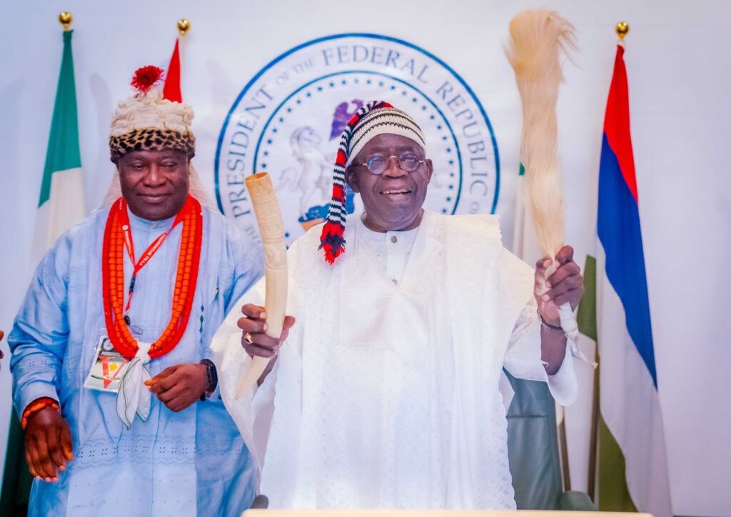 Tinubu conferred with "Otuekong" title by Akwa-Ibom traditional rulers 1 President Bola Tinubu and The President General, Akwa-Ibom State Council of Traditional Rulers, Nteyin Solomon Etuk, Okuibom Ibibio III, during a courtesy visit at the State House, Abuja