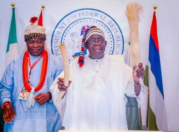 Tinubu conferred with "Otuekong" title by Akwa-Ibom traditional rulers 9 President Bola Tinubu and The President General, Akwa-Ibom State Council of Traditional Rulers, Nteyin Solomon Etuk, Okuibom Ibibio III, during a courtesy visit at the State House, Abuja