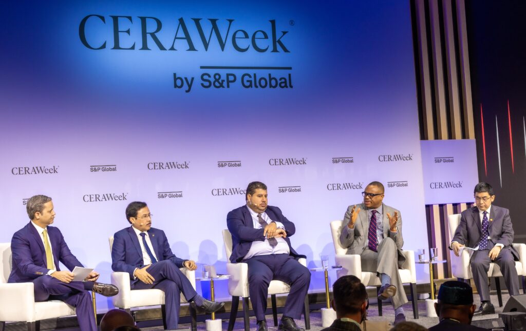 (2nd right) NNPC Ltd’s Executive Vice-President, Upstream, Mr Udy Ntia, (from the left) Managing Director of India’s ONGC Videsh Ltd (OVL), Rajarshi Gupta; Chairman of Libya’s National Oil Corporation, Masoud Mahmoud (first right) Deputy Director-General, Planning, China National Petroleum Corporation (CNPC), Pinxian Zhang during a session at the on-going 2025 CERAWeek by S&P Global in U.S.
