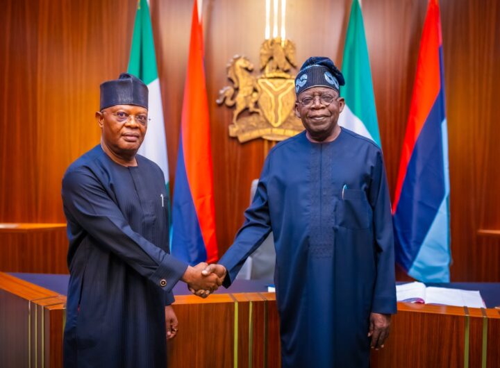 Tinubu commends National Assembly for ratifying Rivers state of emergency 9 President Bola Tinubu and Vice Admiral Ibok-Ete Ekwe Ibas (rtd), the sole administrator of Rivers State, during a short swearing ceremony at State House, Abuja