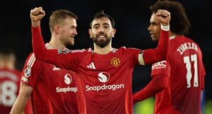 Bruno Fernandes named Premier League Player of the Season 25 Manchester United’s Portuguese midfielder #08 Bruno Fernandes celebrates scoring their third goal during the English Premier League football match between Leicester City and Manchester United at King Power Stadium in Leicester, central England on March 16, 2025. (Photo by Adrian Dennis / AFP)