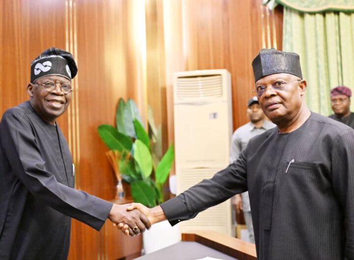 President Bola Ahmed Tinubu (right), Congratulating the Newly Appointed Administrator of Rivers State, retired Vice Admiral Ibok-Ete Ekwe Ibas, after his Swearing-in Ceremony at Presidential Villa, Abuja, on Wednesday