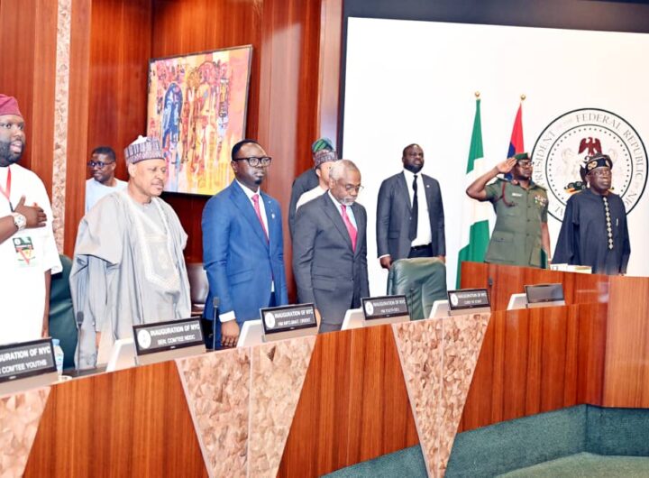 L-R: Chairman senate committee, NNDC, Asuquo Ekpenyong; Minister of Information and National Orientation Mohammed Idris; Minister for Youth Development Ayodele Olawande; Chief of Staff to the President Femi gbajabiamila, and President Bola Ahmed Tinubu, during the Inauguration of the Planning Committee for the National Youth Conference, held at the Presidential Villa Abuja on Monday.