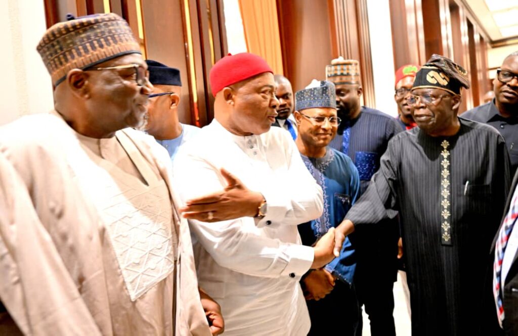 L-R: Kwara State Governor, Abdulrahman AbdulRazaq; Imo State Governor, Hope Uzodimma; Kaduna State Governor, Uba Sani and President Bola Ahmed during the breaking of Ramadan fast at the Presidential Villa Abuja