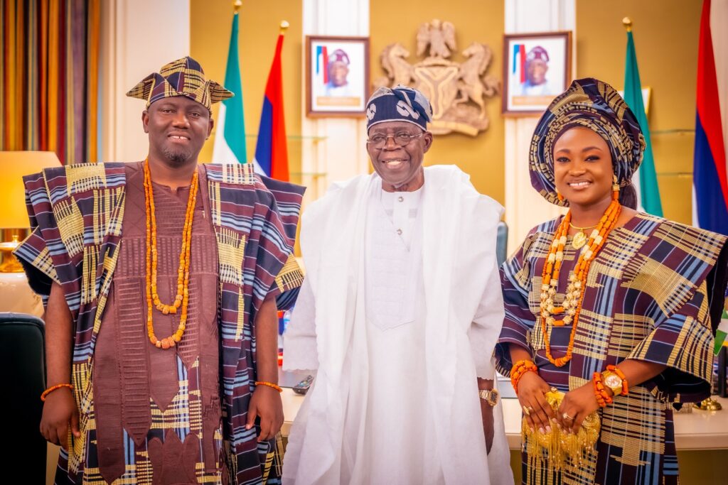 President Bola Tinubu, Oba Akeem Abimbola Owoade, Alaafin of Oyo, and his Wife Abiwumi Owoade at the State House, Abuja