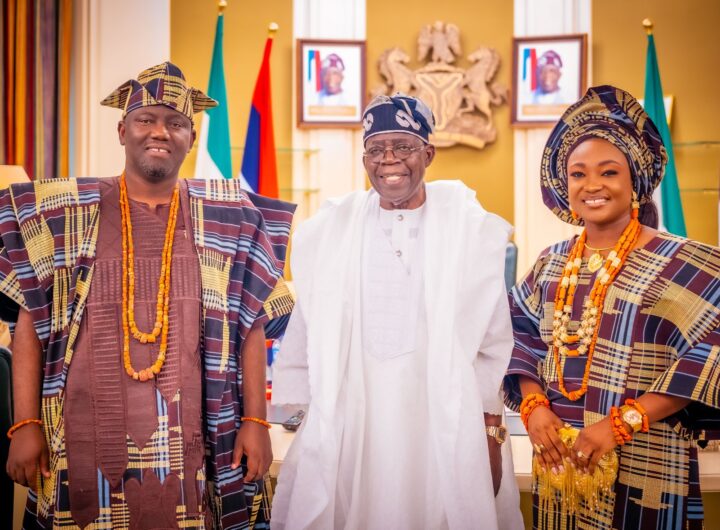 President Bola Tinubu, Oba Akeem Abimbola Owoade, Alaafin of Oyo, and his Wife Abiwumi Owoade at the State House, Abuja
