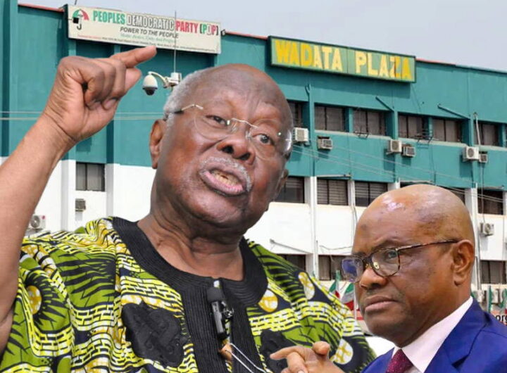 Photo combo showing PDP chieftain, Bode George, PDP Headquarters in Abuja and FCT Minister, Nyesom Wike