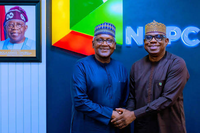 Group CEO of NNPC Ltd., Mr Bashir Ojulari receives the President/Chief Executive of Dangote Group, Mr Aliko Dangote during a visit by the latter to the NNPC Towers.