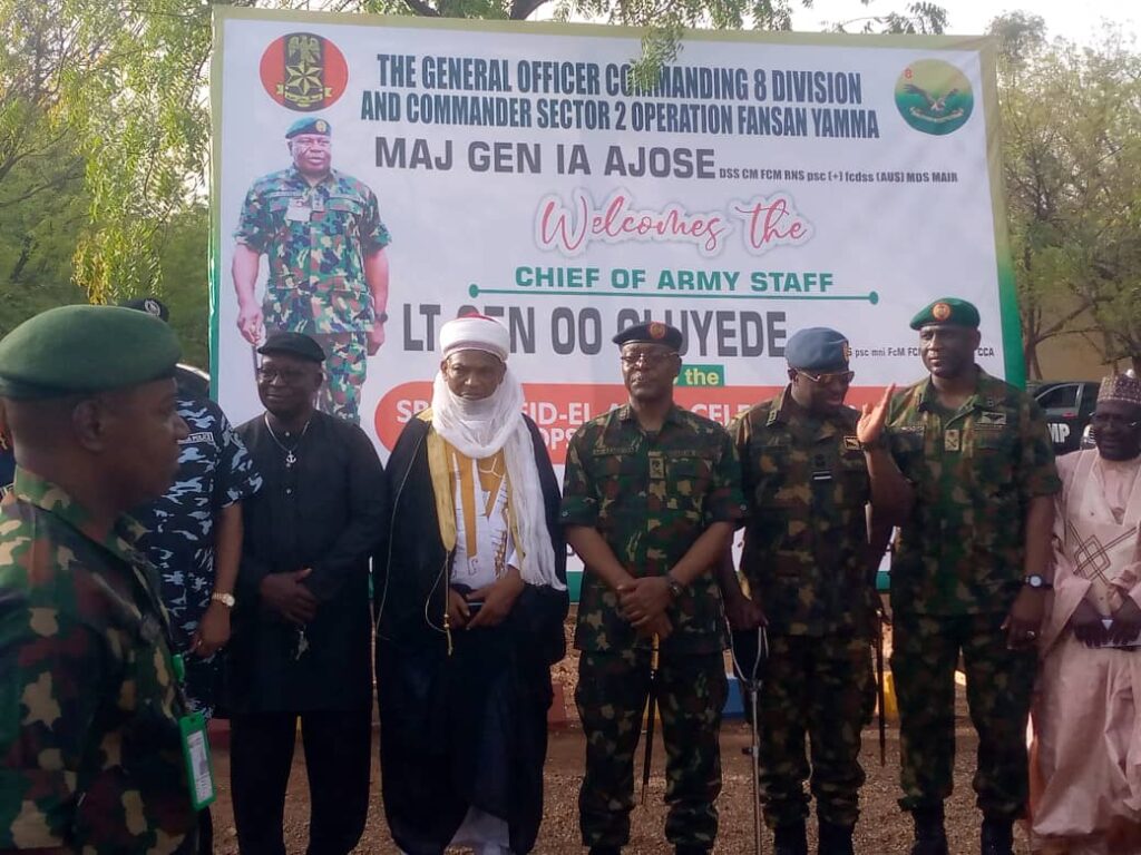 2nd left, The Sultan of Sokoto, Muhammad Sa'ad Abubakar represented at the occasion by Dr Jabi Kilgori (Sayin Kilgori) COAS Lt.Gen. Olufemi Oluyode represented by the Commander, Cyber Warfare Command, Major General Adeleke Ayannuga, GOC 8 Div, Maj. Gen. Ibikunle Ajose at the COAS Eid-el-Adha celebration with troops of Operation FATSAN YAMMA in Sokoto today.    