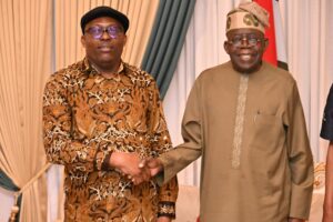 Suspended Rivers State Governor, Siminalayi Fubara and President Bola Tinubu after the peace talk in Abuja