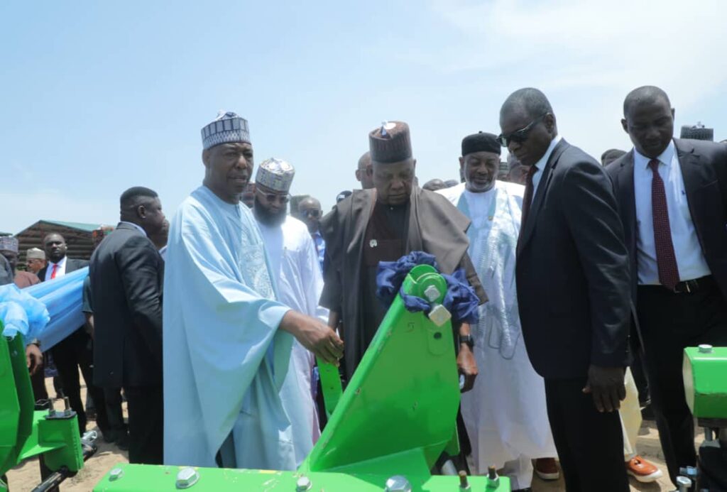 VP Shettima commissions Borno’s 375 tractors refurbished by NASENI 1 Vice President Kashim Shettima (2nd right) flanked by Governor Babagana Zulum (right) during the commissioning of 375 refurbished tractors by the Borno State Government in Maiduguri."