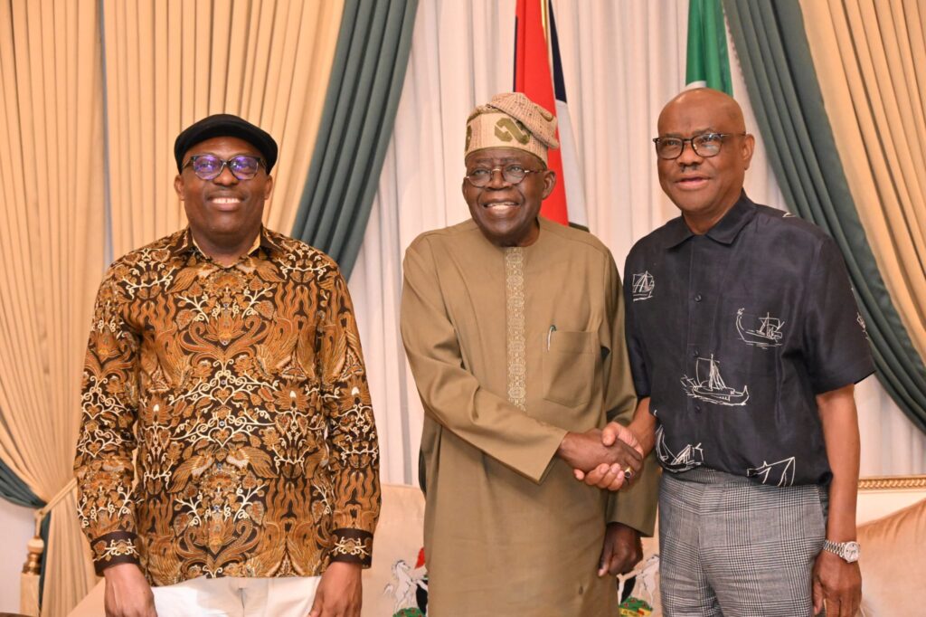 Suspended Rivers State Governor, Nyesom Wike, President Bola Tinubu and FCT Minister, Nyesom Wike, shortly after the peace talk at the Presidential Villa, Abuja