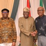 Suspended Rivers State Governor, Nyesom Wike, President Bola Tinubu and FCT Minister, Nyesom Wike, shortly after the peace talk at the Presidential Villa, Abuja