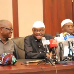 FCT Minister, Nyesom Wike, former Benue State Governor, Samuel Ortom, and former Abia State Governor, Okezie Ikpeazu during closed-door PDP stakeholders meeting to address the party's lingering crisis