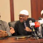 Former Benue State Governor, Samuel Ortom; FCT Minister, Nyesom Wike; and former Abia State Governor, Okezie Ikpeazu during closed-door PDP stakeholders meeting to address the party's lingering crisis