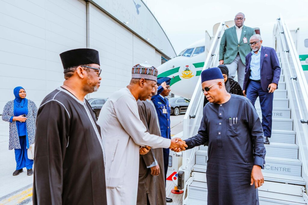 VP Kashim Shettima arrives London to accompany late Buhari's body to Nigeria. Photo credit: Official SKSM