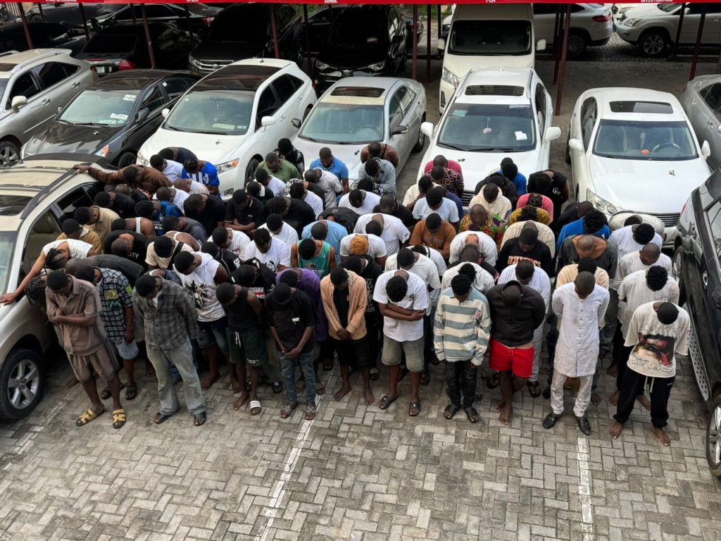 EFCC raids Obasanjo Library, nabs 93 suspected Internet fraudsters during pool party 1 The paraded suspects arrested by EFCC at Obasanjo Library