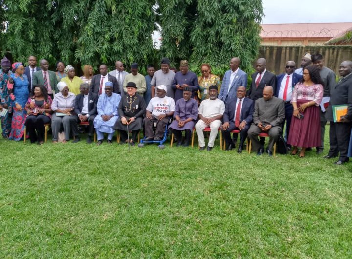 JAMB's Registrar, Prof. Ishaq Oloyede in a group photograph with the 23-member Special Committee On Examination Infraction on Monday in Abuja