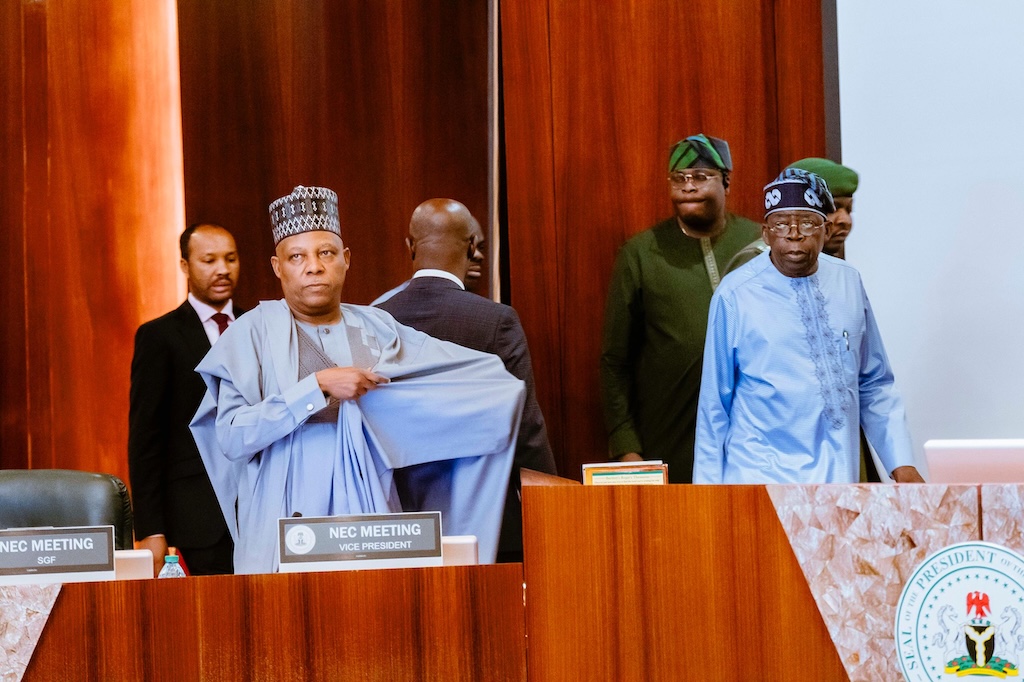 President Bola Tinubu and VP Kashim Shettima during the NEC meeting in Abuja