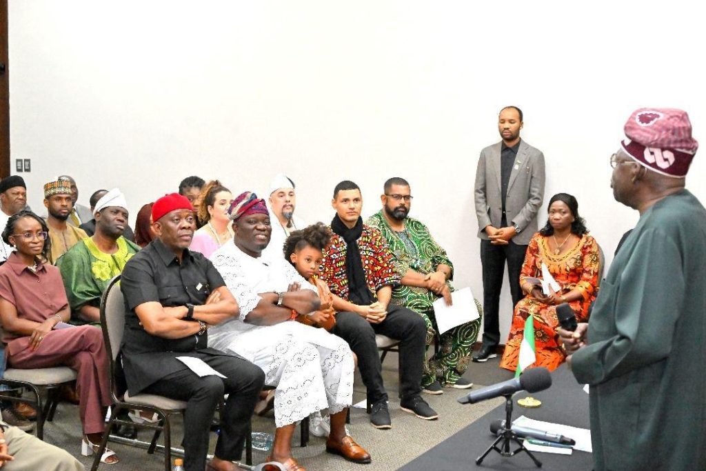 President Bola Tinubu addressing a cross section of Nigerians in Brazil