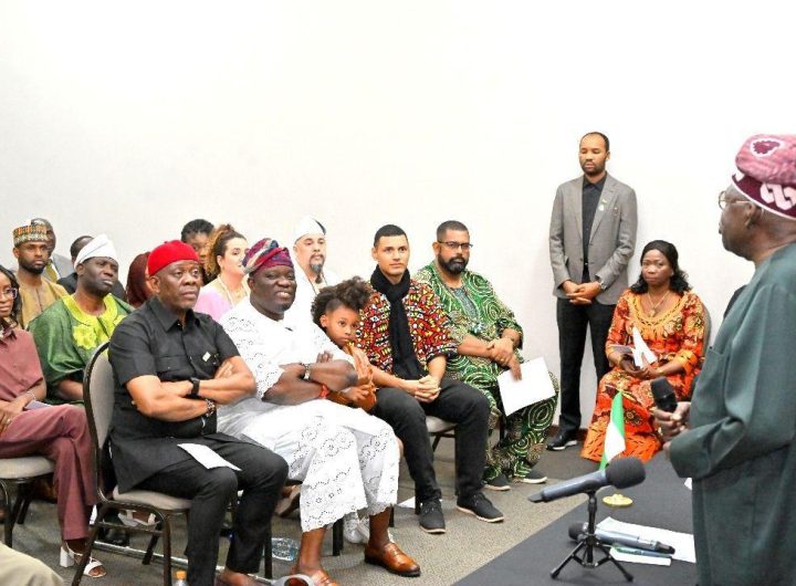 President Bola Tinubu addressing a cross section of Nigerians in Brazil