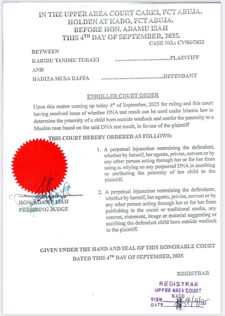 Court perpetually restrains Hadiza Baffa from claiming ex-Minister fathered her child, dismisses DNA test 2 Court order