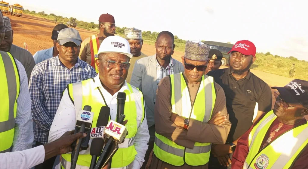 Minister of Works, David Umahi, during an inspection of a 40-kilometer cleared section in Silame Local Government Area, Sokoto State