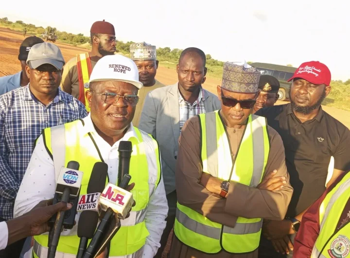 Minister of Works, David Umahi, during an inspection of a 40-kilometer cleared section in Silame Local Government Area, Sokoto State