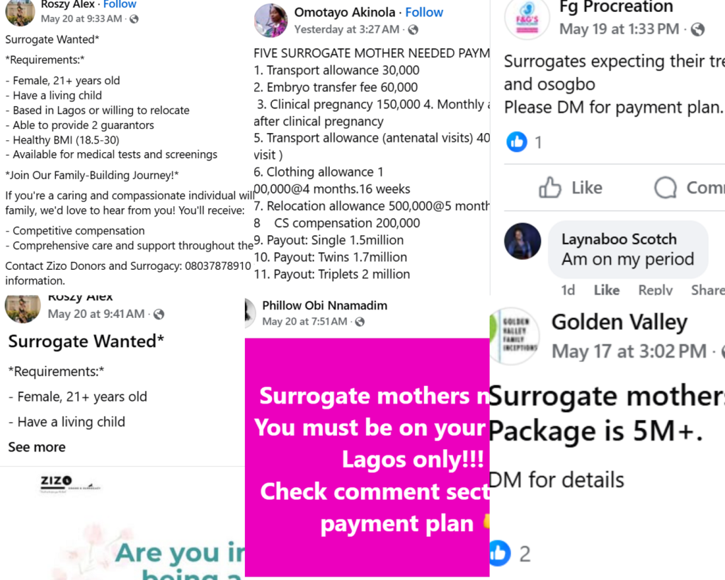 How Facebook, misinformation, legal loopholes throw Nigerian women into surrogacy ditch 6 Picture 6 A collage of surrogate adverts in the group