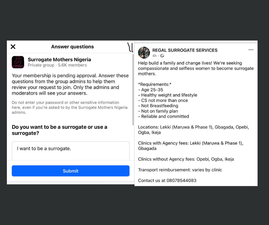 How Facebook, misinformation, legal loopholes throw Nigerian women into surrogacy ditch 8 Picture 8 Surrogate Mothers Nigeria group Regal Surrogate Services advert