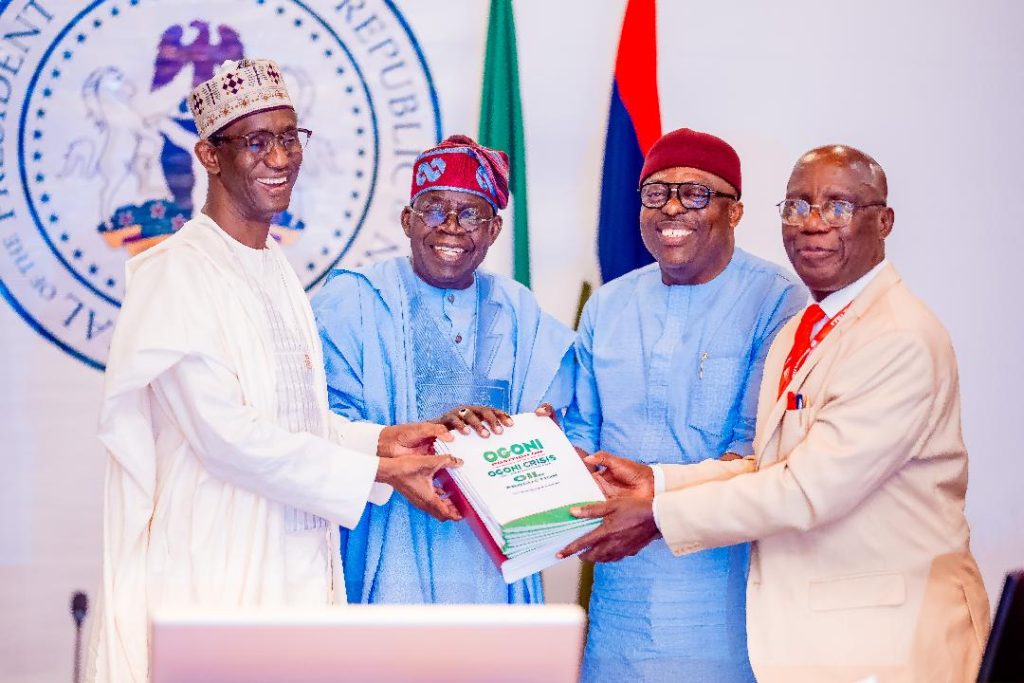 President Bola Ahmed Tinubu received the Report on Ogoni Consultations in the State House, Wednesday, September 24, 2025. Photo shows National Security Adviser, Mallam Nuhu Ribadu, President Bola Ahmed Tinubu, Governor of Rivers State, Siminalayi Fubara and Chairman, Ogoni Dialogue Committee, Prof. Don Baridam at the ceremony.