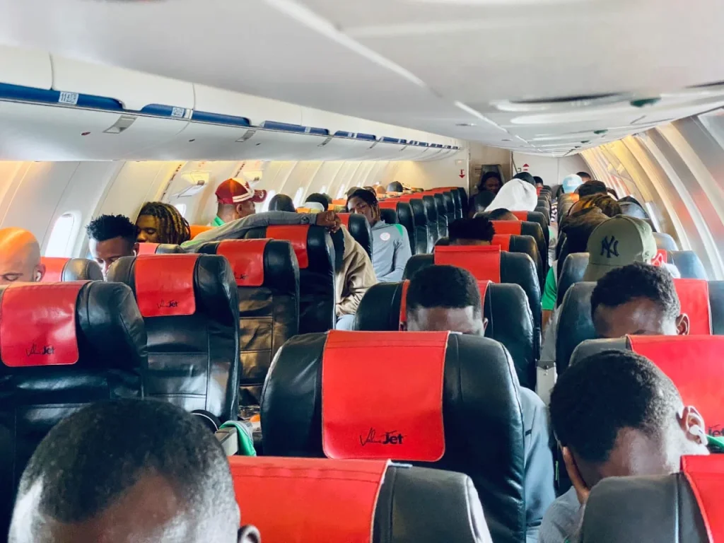 Super Eagles of Nigeria land safely in Uyo after mid-air scare 1 Super Eagles players and team officials inside an aircraft