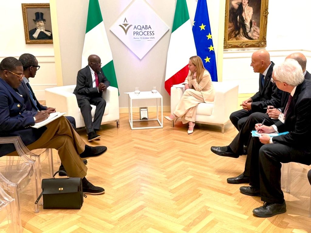 PHOTONews: President Tinubu meets Italian Prime Minister, Giorgia Meloni, during a bilateral meeting in Rome 4 President Bola Ahmed Tinubu with Italian Prime Minister, Giorgia Meloni, during a bilateral meeting at the Gallaeria Nazionale d' Arte Moderna e Contemporanea,Rome, Italy on Wednesday. Photo State House.
