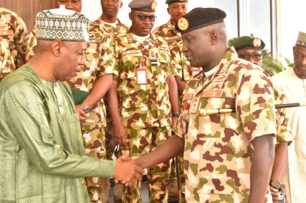 COAS Shaibu Wahidi and Borno State Governor, Babagana Zulum during a courtesy visit in Maiduguri