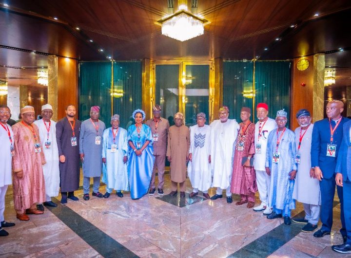 President Bola Ahmed Tinubu receives Abubakar E. Momoh, Minister of Regional Development, and Uba Maigari Ahmadu, Minister of State, in the company of the chairmen and chief executives of the seven regional development commissions, at the State House on Monday, 10 November 2025.